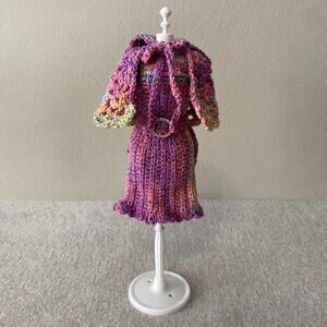 Handmade Crochet Pink Multicolour Dress+Cape+Belt for 29cm Doll 3-Piece Outfit